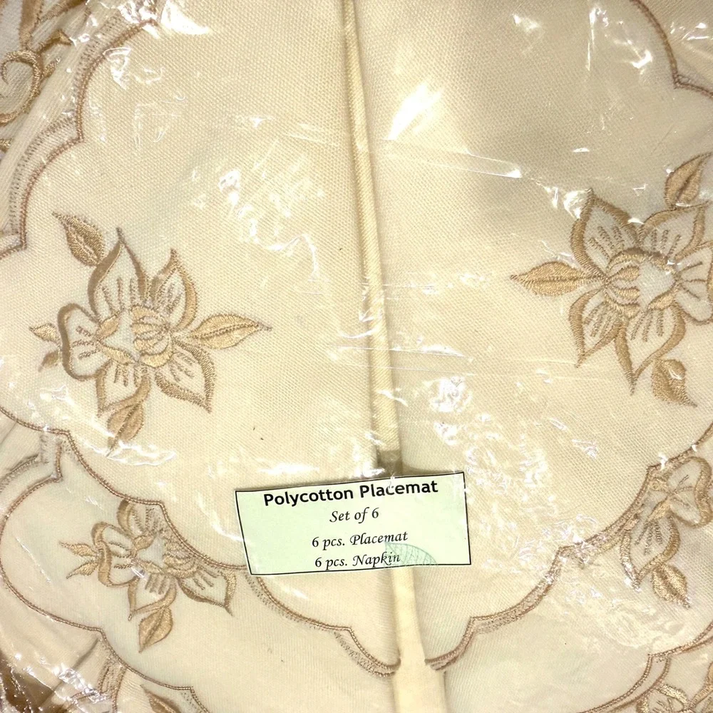 Vintage‎ Floral Embroidered Polycotton Placemat and Napkin Set 12pc Cream Lace